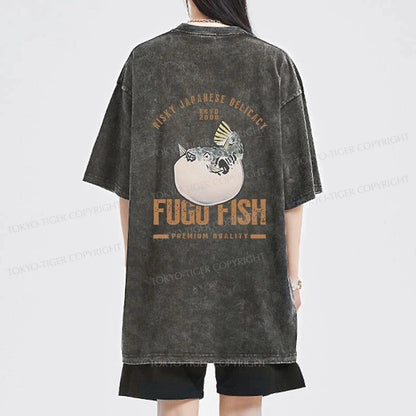 Tokyo-Tiger Fugu Fish Japanese Front Back Washed T-Shirt