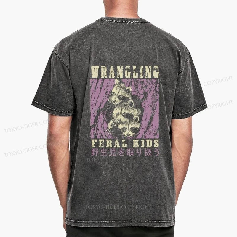 Tokyo-Tiger Wrangling Feral Raccoon Kids Front Back Washed T-Shirt