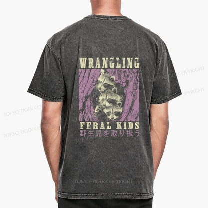 Tokyo-Tiger Wrangling Feral Raccoon Kids Front Back Washed T-Shirt