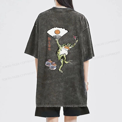 Tokyo-Tiger Dancing Frog Japanese Front Back Washed T-Shirt