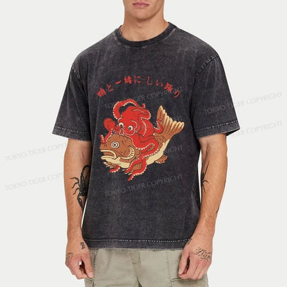 Tokyo-Tiger Octopus And Koi Dance Together Washed T-Shirt