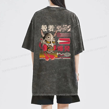 Tokyo-Tiger Hannya Mask Japanese Front Back Washed T-Shirt