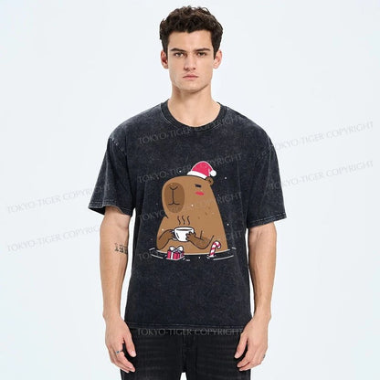 Tokyo-Tiger Santa Capybara In Christmas Washed T-Shirt