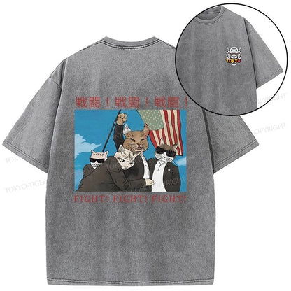 Tokyo-Tiger Fight Cat Japanese Front Back Washed T-Shirt