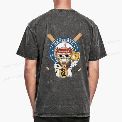 Tokyo-Tiger Janpaese Baseball Cat Front Back Washed T-Shirt