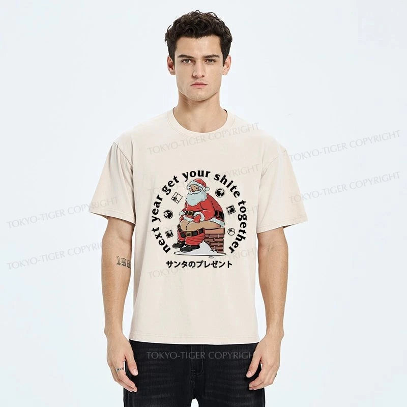 Tokyo-Tiger Funny Santa Claus Pooping Down The Chimney Washed T-Shirt