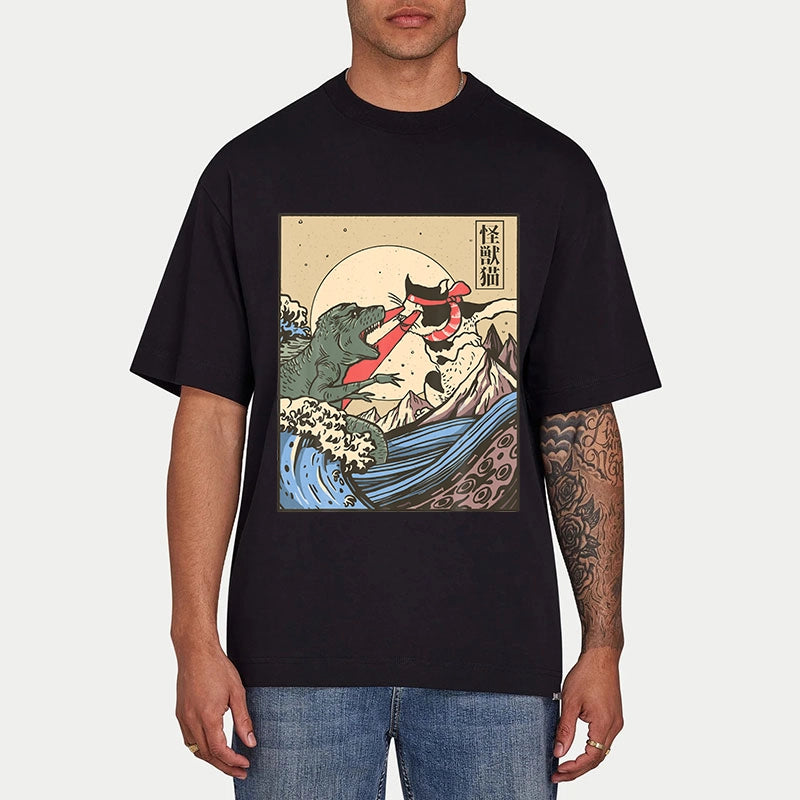 Tokyo-Tiger Vintage Retro Japanese Great Wave Cat VS Monster Classic T-Shirt