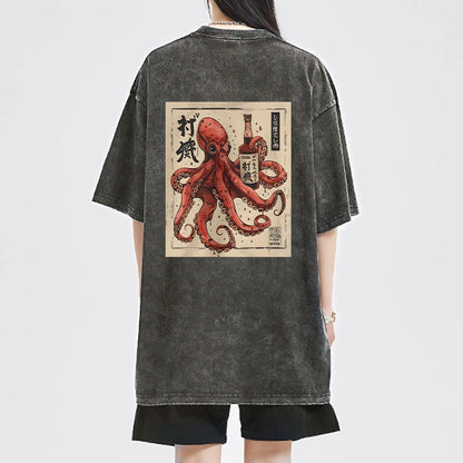 Tokyo-Tiger Osaka Saké Octopus Front Back Washed T-Shirt