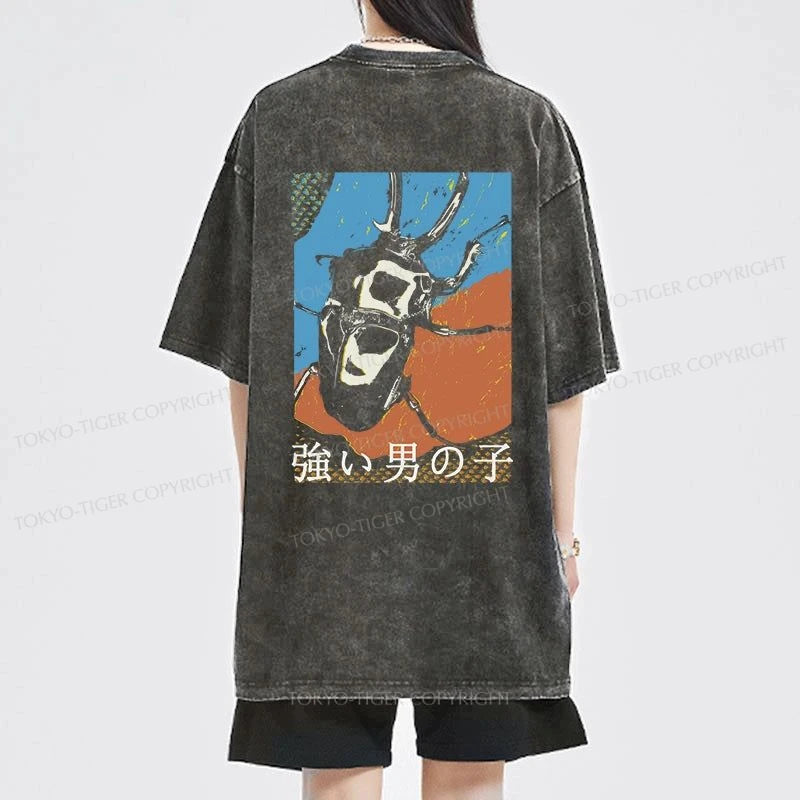 Tokyo-Tiger Strong Beetle Japanese Front Back Washed T-Shirt