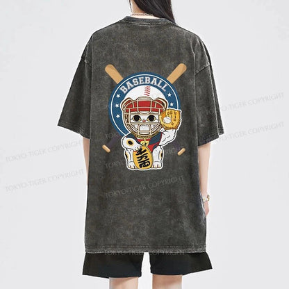 Tokyo-Tiger Janpaese Baseball Cat Front Back Washed T-Shirt