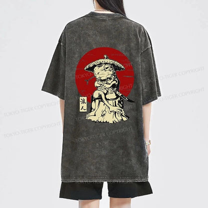 Tokyo-Tiger Rounin Japanese Frog Samurai Front Back Washed T-Shirt