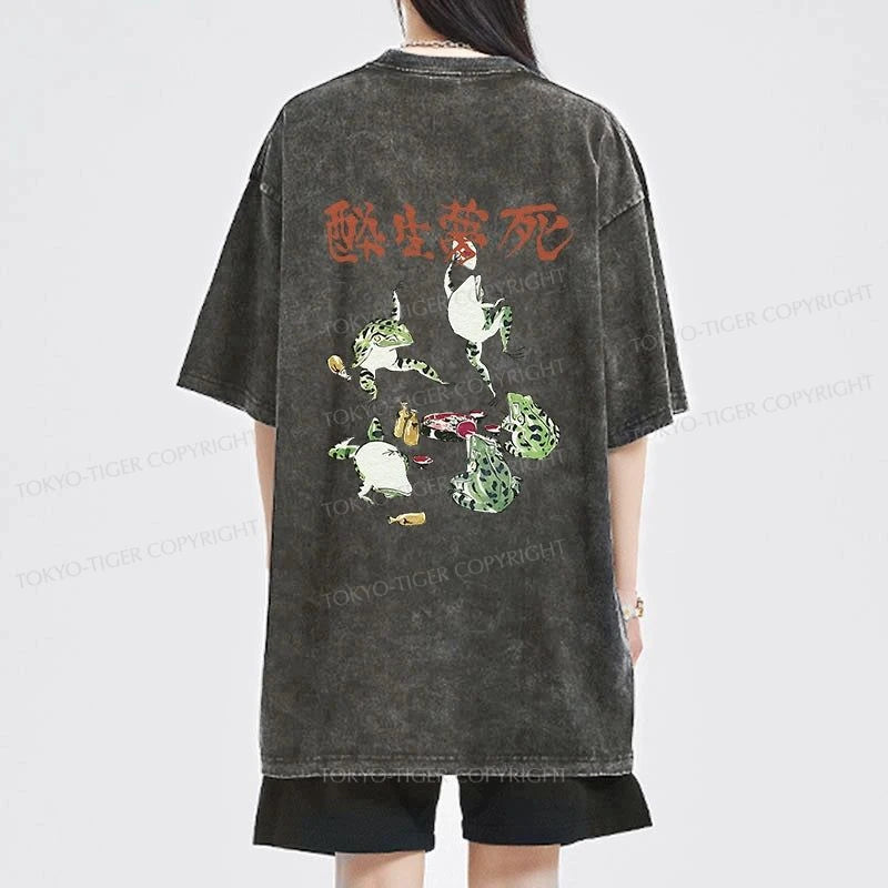 Tokyo-Tiger Japanese Frog Osake Kanji Front Back Washed T-Shirt