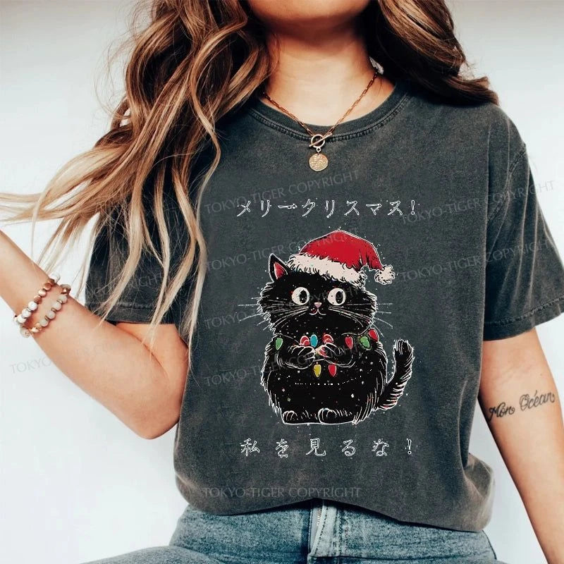 Tokyo-Tiger Black Cat Merry Fluffmas Washed T-Shirt