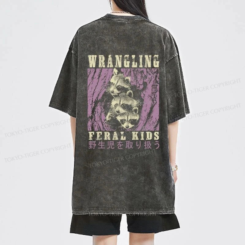 Tokyo-Tiger Wrangling Feral Raccoon Kids Front Back Washed T-Shirt