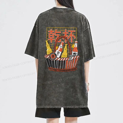 Tokyo-Tiger Have A Beer Together Front Back Washed T-Shirt