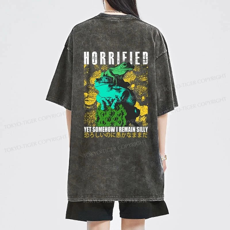 Tokyo-Tiger Horrified Two Frogs Funny Front Back Washed T-Shirt