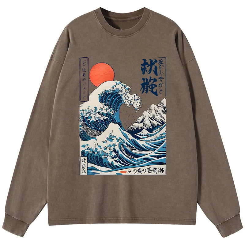 Tokyo-Tiger Ukiyo-e Ocean Waves Japan Washed Long Sleeve T-Shirt