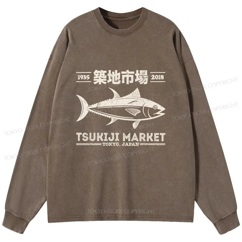 Tokyo-Tiger Retro Tsukiji Fish Market Streetwear Tokyo Washed Long Sleeve T-Shirt