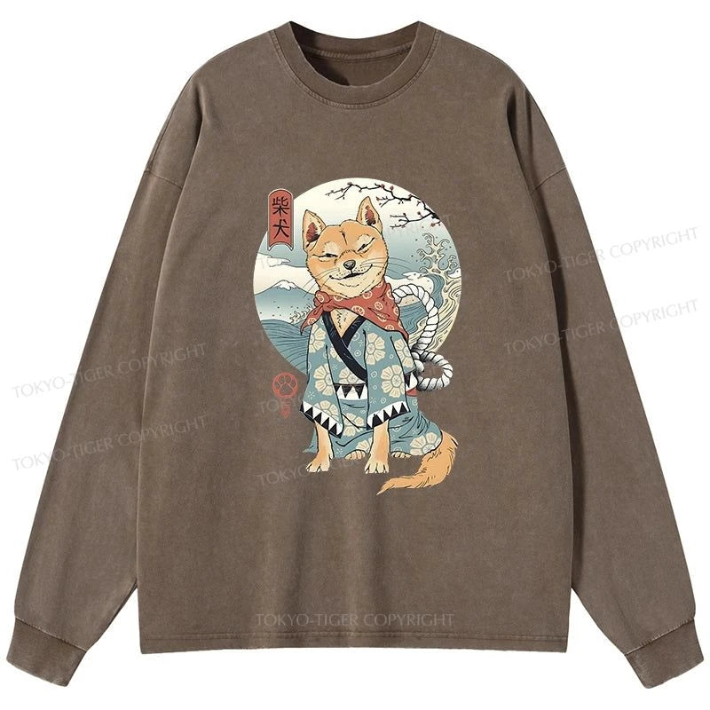 Tokyo-Tiger Samurai Shiba Dog Japanese Washed Long Sleeve T-Shirt