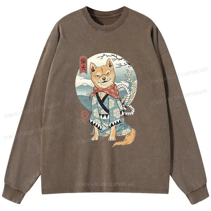 Tokyo-Tiger Samurai Shiba Dog Japanese Washed Long Sleeve T-Shirt