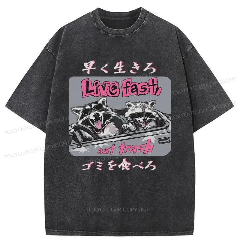 Tokyo-Tiger Live Fast Eat Trash Raccoon Japanese Washed T-Shirt