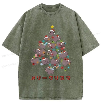 Tokyo-Tiger Moo Deng Christmas Tree Japanese Washed T-Shirt