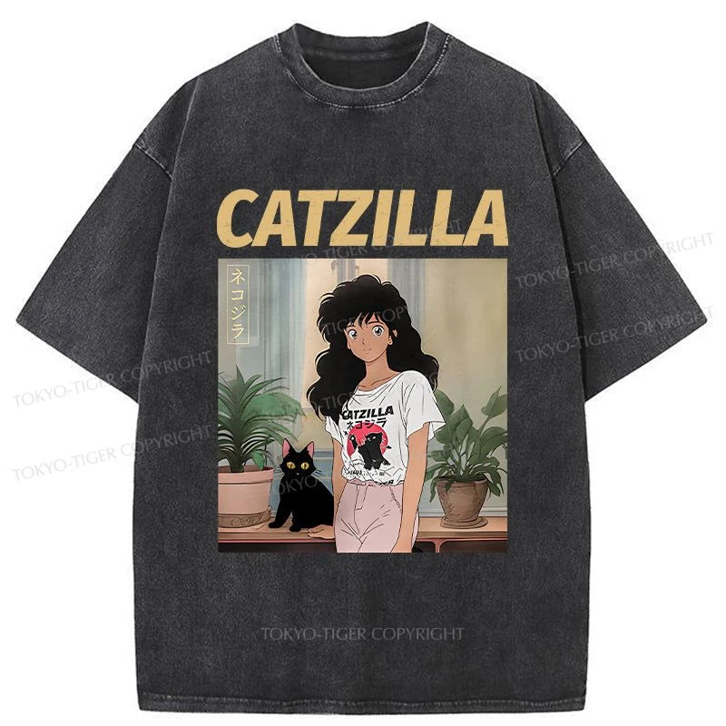 Tokyo-Tiger Catzilla And Girl Washed T-Shirt