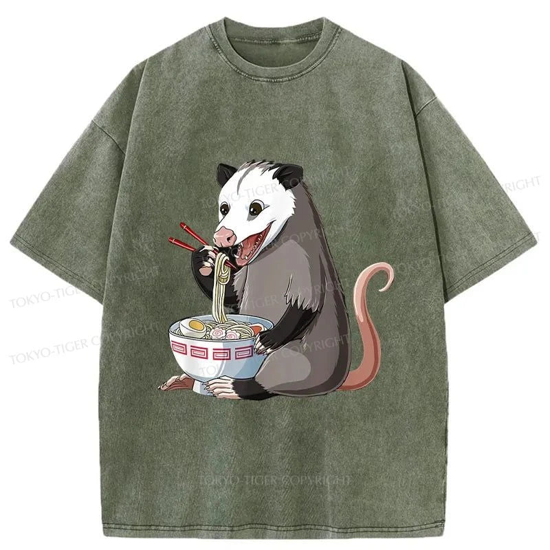 Tokyo-Tiger Possums Eat Ramen Noodles Washed T-Shirt