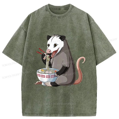 Tokyo-Tiger Possums Eat Ramen Noodles Washed T-Shirt