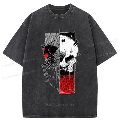 Tokyo-Tiger Scary Spider And Skeleton Washed T-Shirt