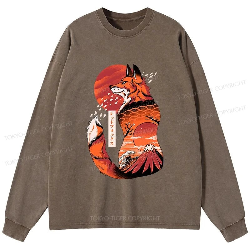 Tokyo-Tiger Japanese Fox KitsuneTattoo Washed Long Sleeve T-Shirt