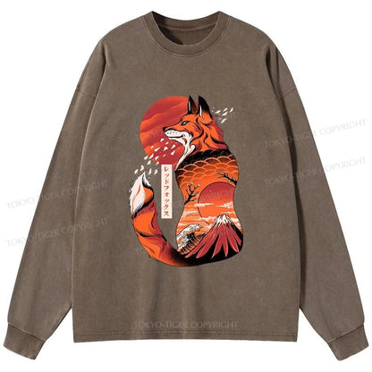 Tokyo-Tiger Japanese Fox KitsuneTattoo Washed Long Sleeve T-Shirt