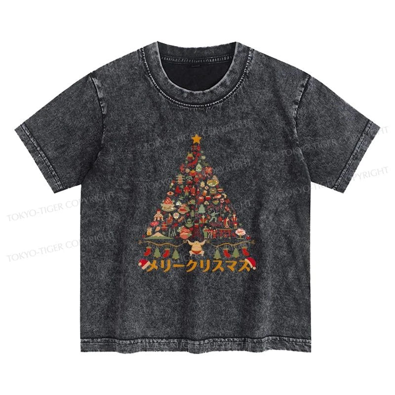 Tokyo-Tiger Japanese Christmas Tree Made Up of Icons Kids Washed T-Shirt