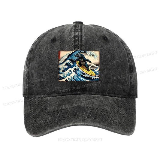 Tokyo-Tiger Dinosaur Surfing Japanese Washed Cap