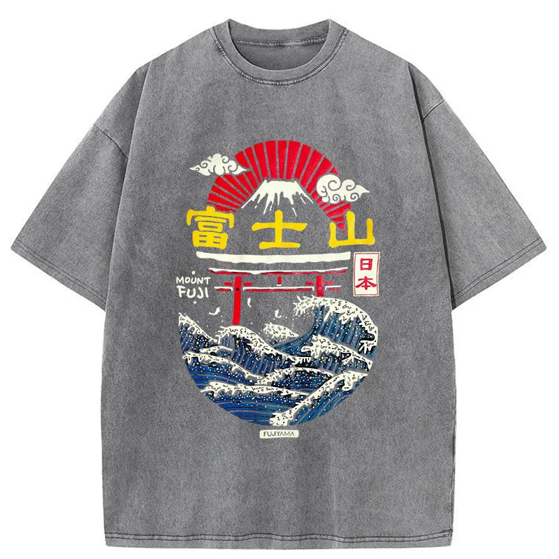 Tokyo-Tiger Mount Fuji Graphic Design Washed T-Shirt