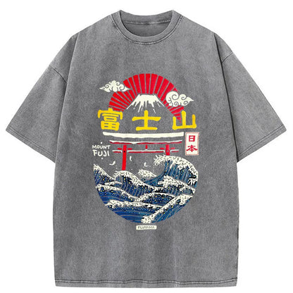 Tokyo-Tiger Mount Fuji Graphic Design Washed T-Shirt