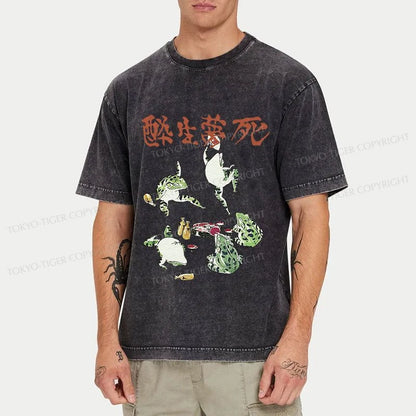 Tokyo-Tiger Japanese Frog Osake Kanji Washed T-Shirt