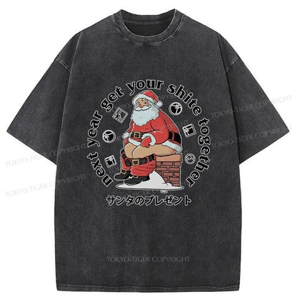 Tokyo-Tiger Funny Santa Claus Pooping Down The Chimney Washed T-Shirt