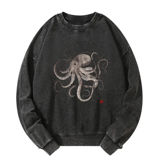 Tokyo-Tiger Octopus Japanese Calligraphy Washed Sweatshirt
