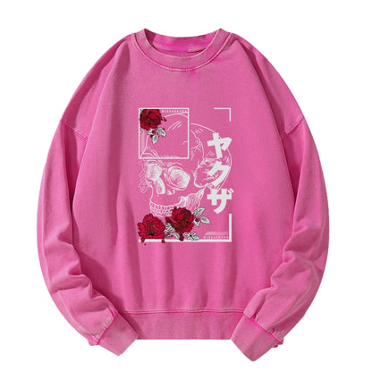 Tokyo-Tiger Skull Roses Japanese Aesthetic Washed Sweatshirt