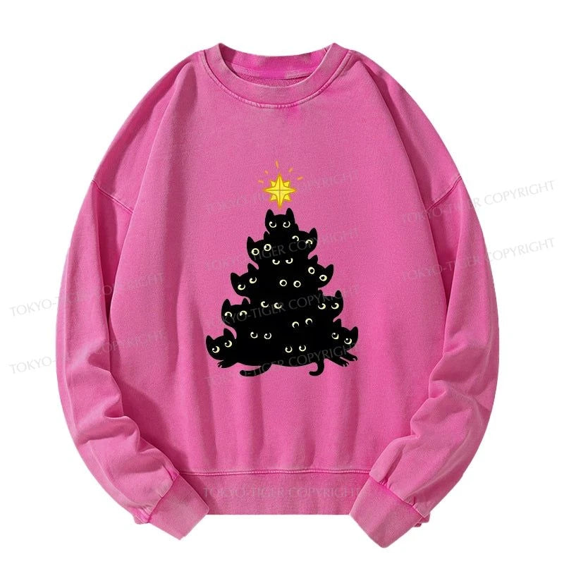 Tokyo-Tiger Black Cat Christmas Tree Washed Sweatshirt