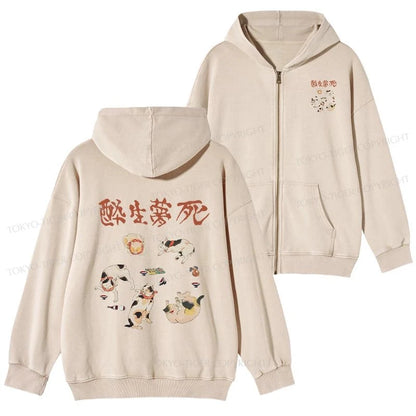 Tokyo-Tiger Drunken Cats Washed Zip Hoodie