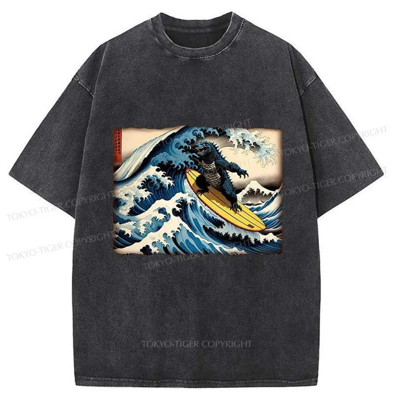 Tokyo-Tiger Dinosaur Surfing Japanese Washed T-Shirt