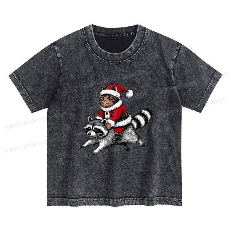 Tokyo-Tiger Santa Cat On A Raccoon Kids Washed T-Shirt