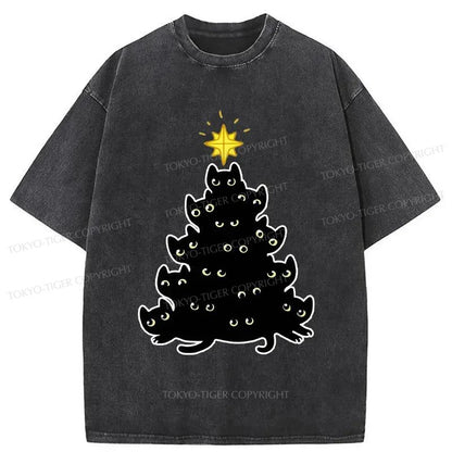 Tokyo-Tiger Black Cat Christmas Tree Washed T-Shirt