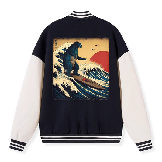 Tokyo-Tiger The Great Wave Godzilla Embroidery Varsity Jacket