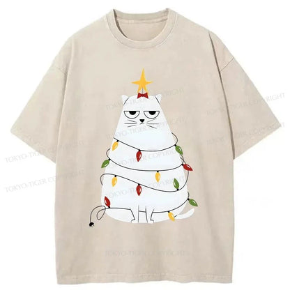 Tokyo-Tiger Chubby Cat Celebrates Christmas Washed T-Shirt