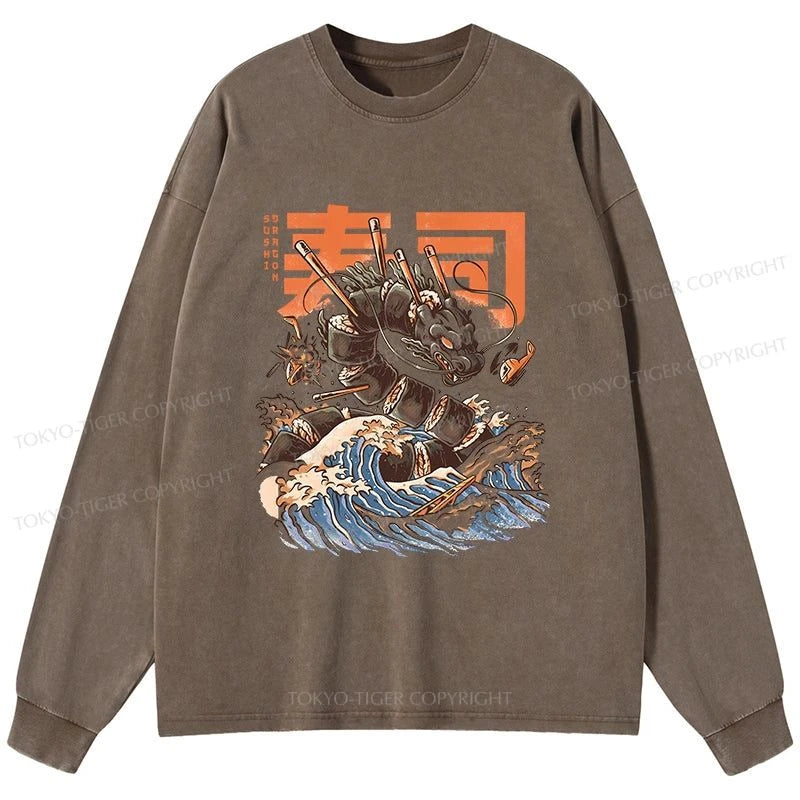 Tokyo-Tiger The Great Sushi Dragon Wave Washed Long Sleeve T-Shirt