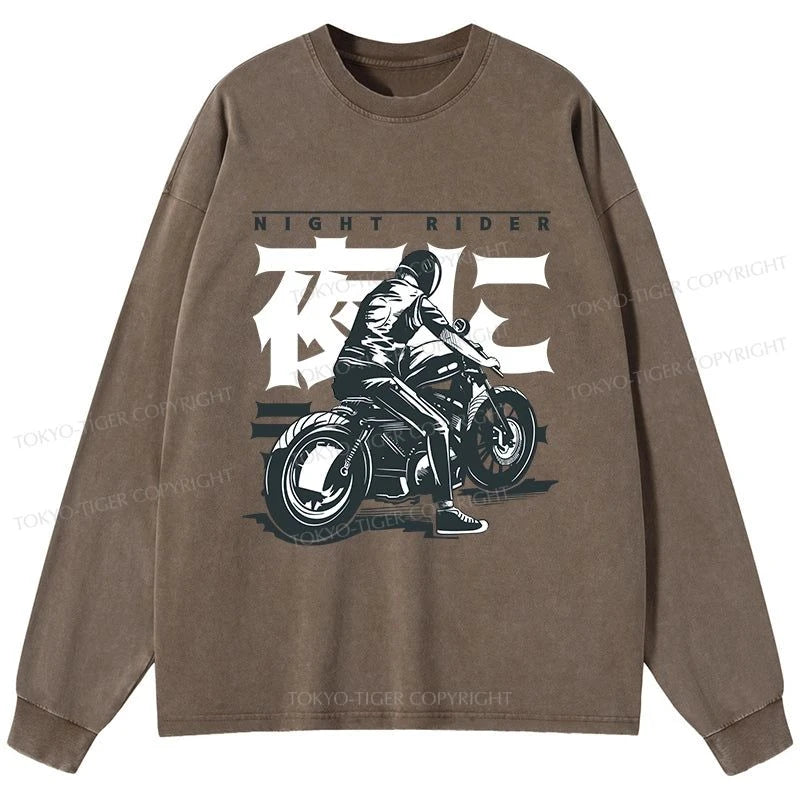 Tokyo-Tiger Motorcyclist Japanese Night Rider Washed Long Sleeve T-Shirt