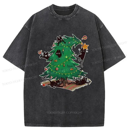 Tokyo-Tiger Cat Hiding In The Christmas Tree Washed T-Shirt